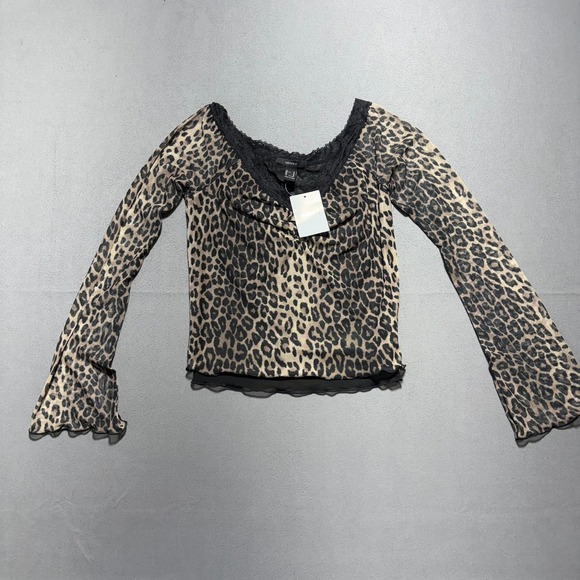 Forever 21 Tops - Leopard Print Mesh Top Lace Trim Bell Sleeve Ruched V-Neck Medium NWT